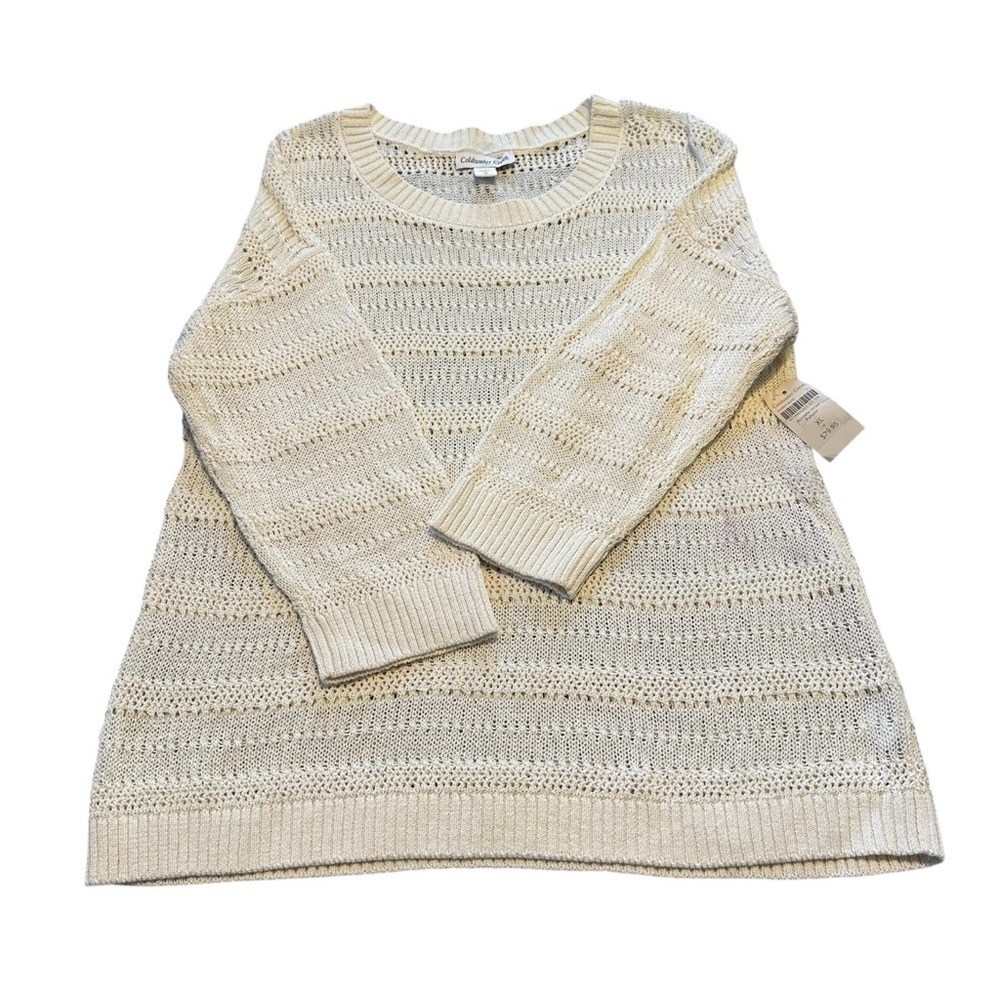 Coldwater Creek Cream Loose Pointelle Knit Pullover Stripe Beach Coastal Size XL